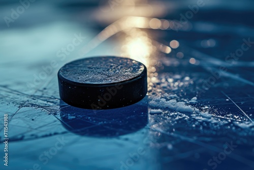 A hockey puck sitting on top of a frozen surface. Perfect for sports-themed designs and winter sport concepts