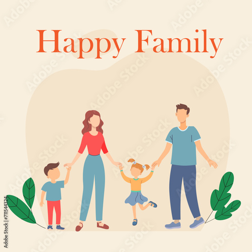 vector illustration of a happy family, mother father daughter holding hands and hugging, complete prosperous family vector