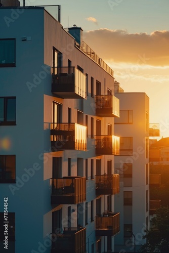 A picture of a building with balconies and balconies at sunset. Ideal for architectural projects or real estate marketing photo