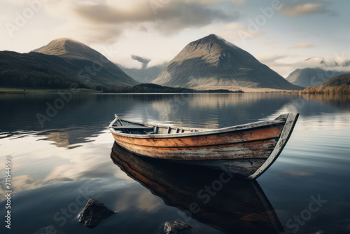 Majestic Mountain Reflection: Beauty of Scandinavian Nordic Landscape with Tranquil Blue Fjord and Peaceful Green Hills in Norway's Northerly Scenery. photo