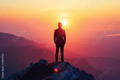 A man standing on top of a mountain, bathed in the warm light of the setting sun. This image can be used to symbolize achievement, success, and the beauty of nature
