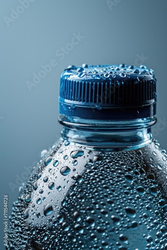 A close-up image of a water bottle with droplets on its surface. This picture can be used to depict refreshment, hydration, or the concept of staying hydrated photo