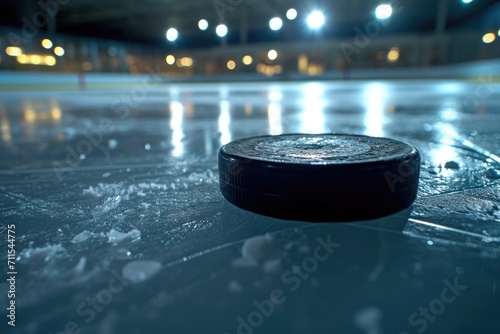 A hockey puck resting on the surface of an ice rink. Perfect for sports-related designs and winter-themed projects