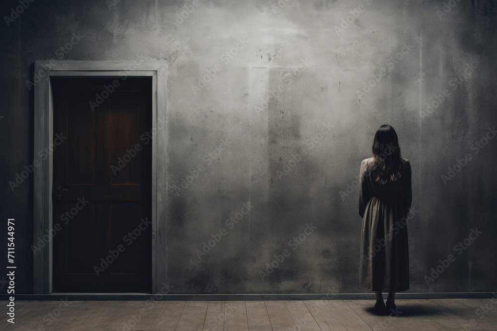 woman stands in front of an open door illustration - obrazy, fototapety, plakaty 