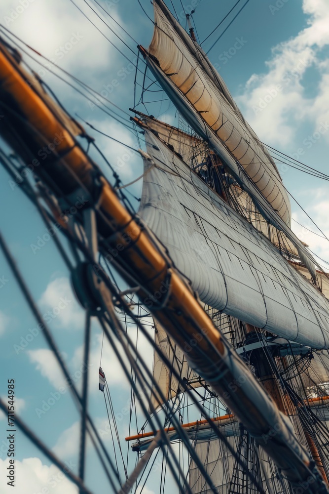 A tall sail boat with sails on a body of water. Perfect for nautical themes and ocean-related designs A tall sail boat with sails on a body of water. Perfect for nautical themes and ocean-related designs