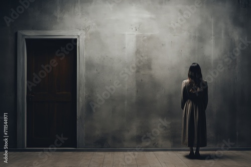woman stands in front of an open door illustration