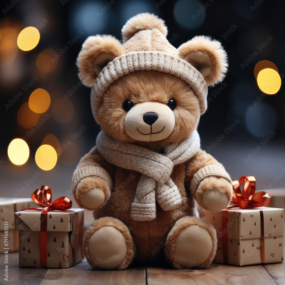 Cozy Christmas Vibe with Teddy Bear and Bokeh Lights Cozy Christmas Vibe with Teddy Bear and Bokeh Lights