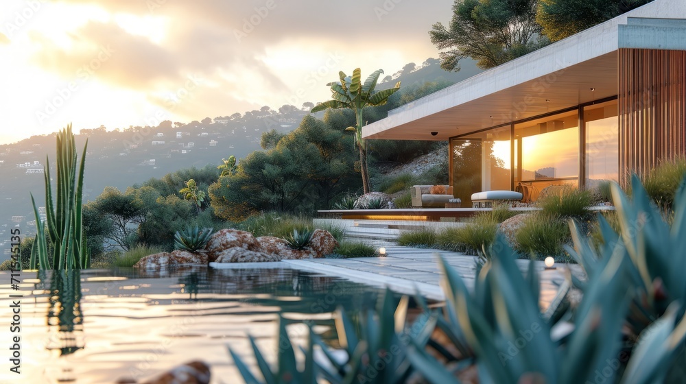 Fototapeta premium elegant little house in forest in tall pine trees, cozy wood terrace, in the style of wood walls and glass, minimalistic and clean, in the style of luxurious geometry