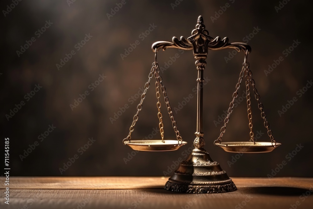 A golden scale sitting on top of a wooden table. Perfect for illustrating balance, justice, or measurement concepts. Ideal for legal, financial, or educational projects A golden scale sitting on top of a wooden table. Perfect for illustrating balance, justice, or measurement concepts. Ideal for legal, financial, or educational projects