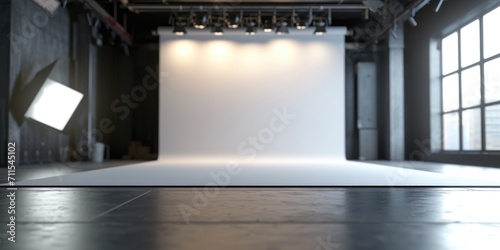 A professional photo studio with a white backdrop and well-lit with lights. Ideal for capturing high-quality images. Can be used for various photography purposes photo