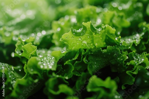 A detailed view of lettuce leaves covered in water droplets. This image can be used to showcase the freshness and crispness of lettuce in various culinary or healthy lifestyle contexts