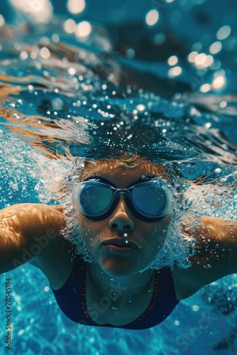 A woman is pictured swimming in a pool, wearing goggles. This image can be used to depict recreational swimming or fitness activities involving swimming