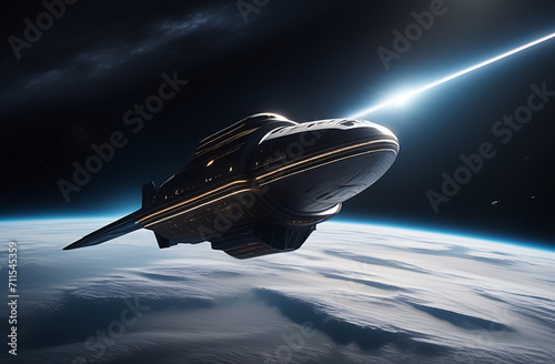 Interstellar travel, showcasing an innovative spacecraft pushing boundaries of human exploration