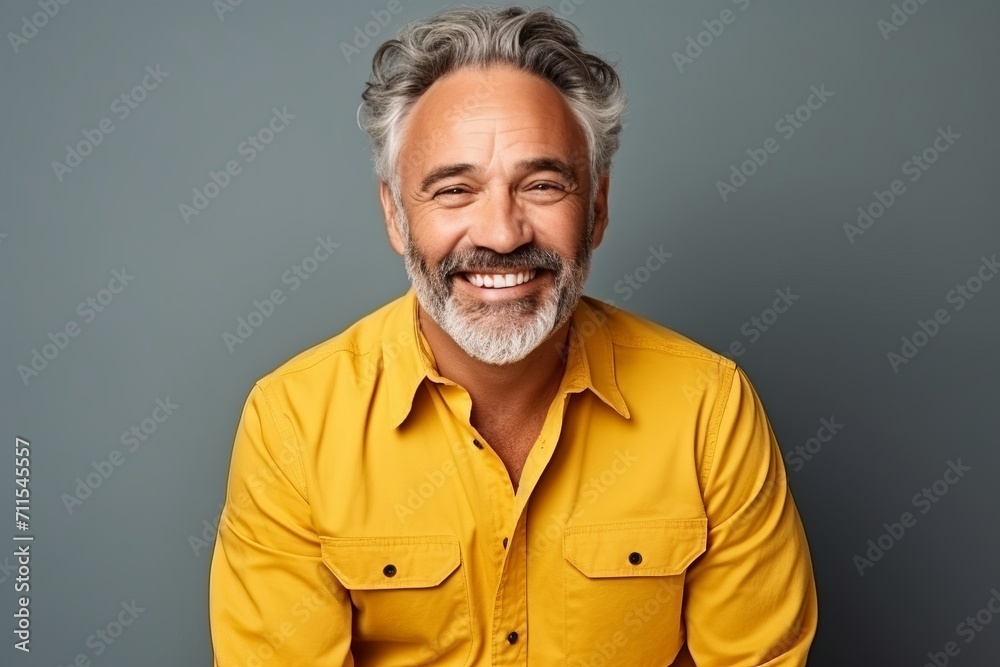 Portrait of a happy senior man smiling at the camera while standing against grey background Portrait of a happy senior man smiling at the camera while standing against grey background