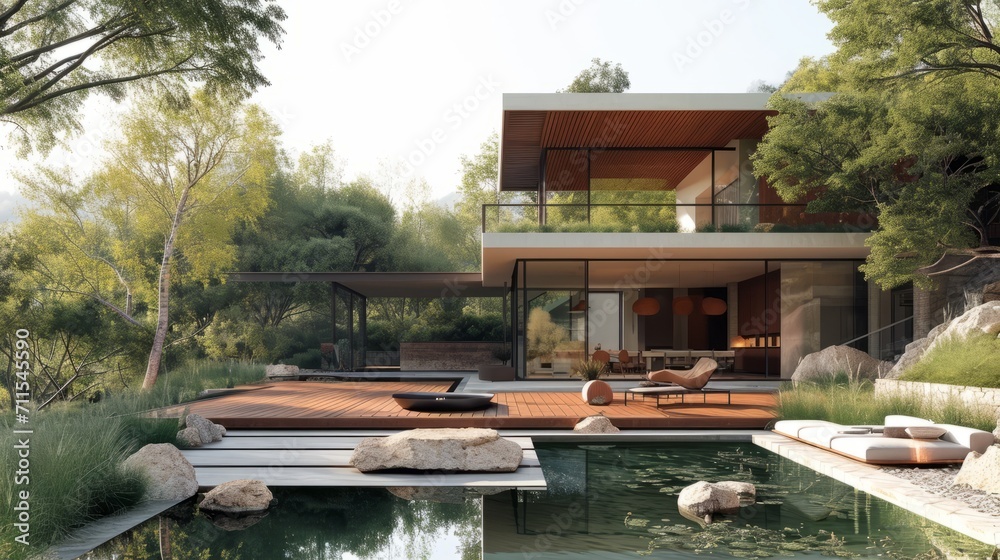 Obraz premium elegant little house in forest in tall pine trees, cozy wood terrace, in the style of wood walls and glass, minimalistic and clean, in the style of luxurious geometry