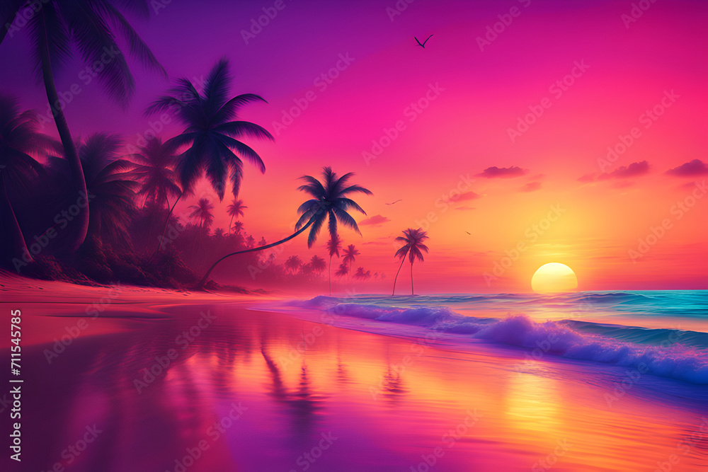 Neon-hued sunset and lush palms on a tranquil beach.
