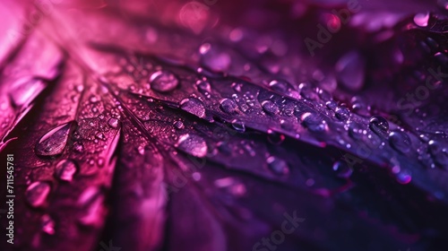 Water droplets glisten on a vibrant purple leaf, creating a captivating close-up nature shot. Perfect for nature enthusiasts and those seeking images of water and foliage #711545781