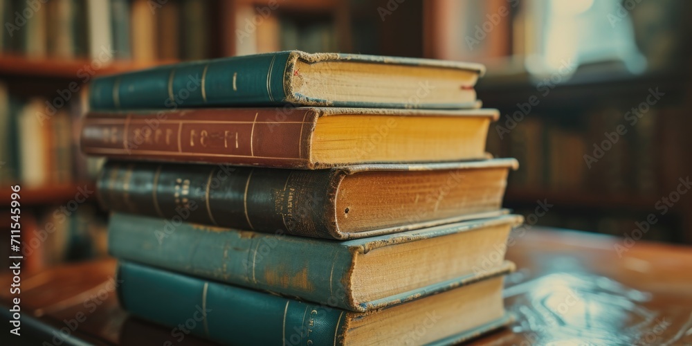 A stack of books sitting on top of a wooden table. Perfect for educational or literary themes A stack of books sitting on top of a wooden table. Perfect for educational or literary themes