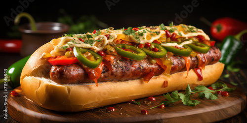 Delicious Grilled Hot Dog on Bun with Red Onion and Mustard, a Tasty American Classic on a Summer Picnic, a Closeup of a Gourmet Hotdog on a Wooden Background.