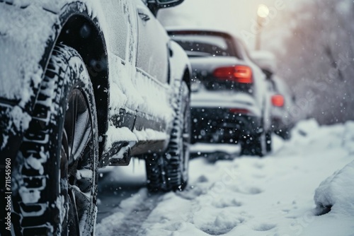 Two parked cars covered in snow. Ideal for winter-themed projects or automotive advertisements