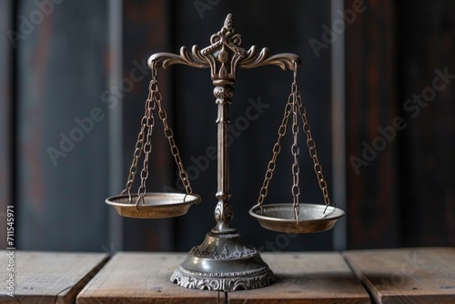 A scale of justice sitting on top of a wooden table. This image can be used to represent concepts related to law, justice, fairness, and legal systems