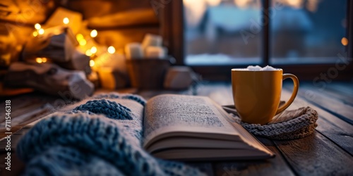 Hot drink book on winter window background Generative AI