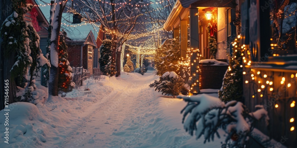 Fototapeta premium A picturesque snowy street adorned with beautiful Christmas lights. Perfect for capturing the festive holiday spirit. Ideal for use in holiday-themed designs and advertisements