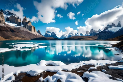 Blue lake on a snowy mountains background and cloudy sky Torres del paine