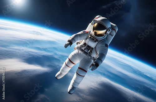 Astronaut in a spacesuit in outer space against the backdrop of planet Earth
