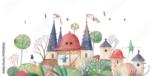 Fairytale houses among flower bushes. Cute castle in the forest. Funny bunnies.