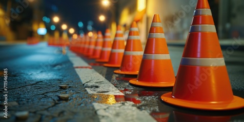 A row of orange traffic cones sitting on the side of a road. Can be used to depict road construction, traffic control, or safety precautions