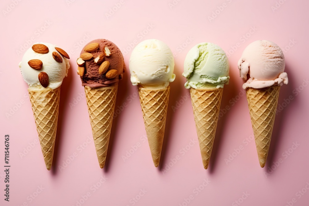 Soft ice cream in a waffle cone with fruits and berries, different colors and fillings. Delicious cold dessert. on a minimalistic pastel background. Banner with copy space Soft ice cream in a waffle cone with fruits and berries, different colors and fillings. Delicious cold dessert. on a minimalistic pastel background. Banner with copy space