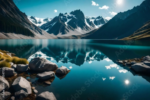 Fantastic views of the tranquil lake with amazing reflection. Mountains & glacier in the background