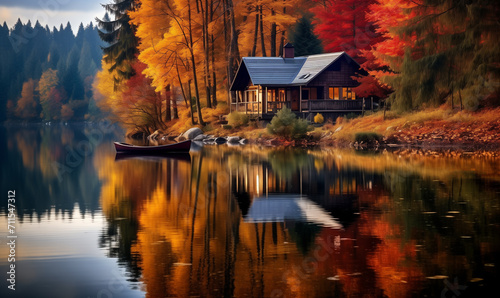 Fototapeta Wooden house with panoramic teraces against background of autumn forest. Cozy home exterior on lakeshore with boat. Lonely old house on the side of lake