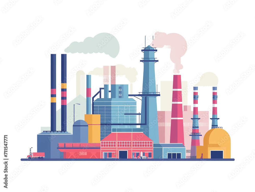 Obraz premium 2D flat design illustration of the factory and industrial area. Façade skyline. Smoke pollutes the air.