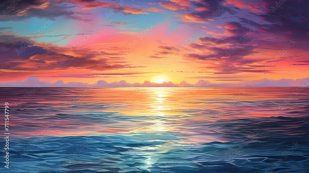 A breathtaking sunset over a calm ocean, with vibrant colors reflecting on the water's surface Ai Generative