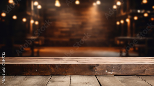 empty wooden podium table on a blurred bar background for product display and presentation