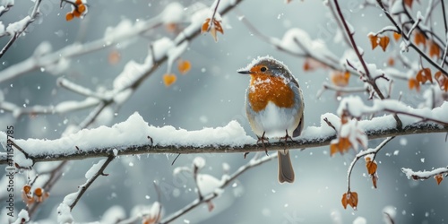 colorful bird on a branch in winter close-up Generative AI