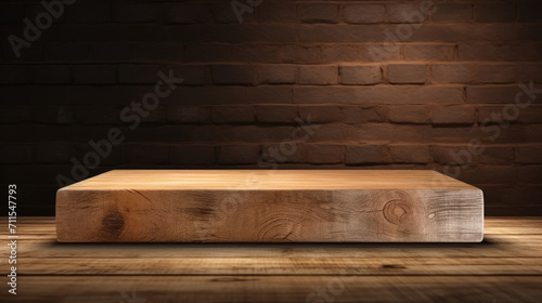 empty wooden podium table on a brick wall background for product display and presentation