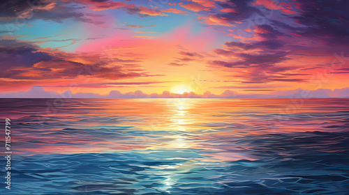 A breathtaking sunset over a calm ocean, with vibrant colors reflecting on the water's surface Ai Generative