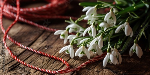 bouquet of the spring snowdrops flowers with red and white bunch rope, a wooden table, banner, copy space photo