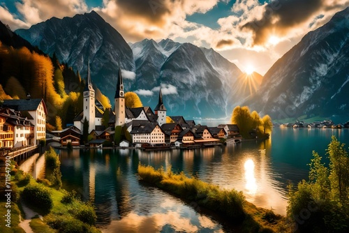 Scenic panoramic picture-postcard view of famous Hallstatt mountain village with Hallstatter See in the Austrian Alps in beautiful golden morning photo