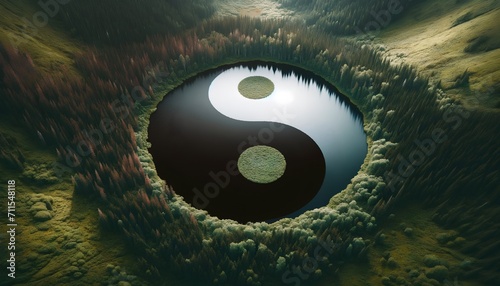 A serene yin and yang symbol floating on a calm lake surrounded by a lush forest, embodying tranquility and meditation in a natural setting.