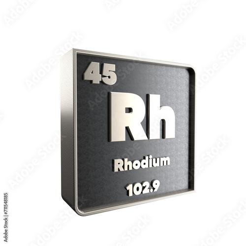 Rhodium chemical element black and metal icon with atomic mass and atomic number. 3d render illustration.