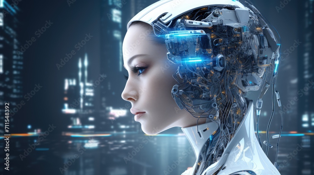Futuristic Robot woman. Innovation and variation in technology. Profile of a girl with a metal head. The concept of artificial intelligence of the future Futuristic Robot woman. Innovation and variation in technology. Profile of a girl with a metal head. The concept of artificial intelligence of the future