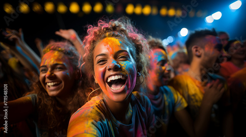 A girl smiles in the crowd at the Holi festival.
