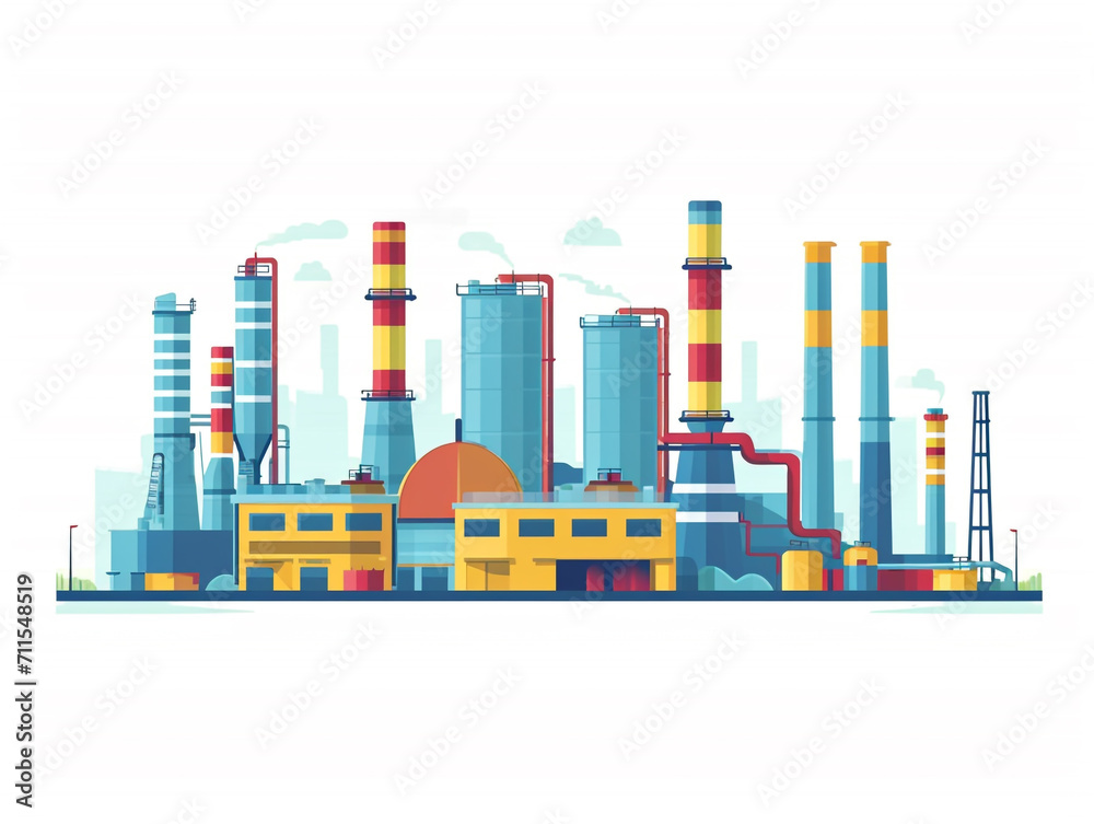 2D flat design illustration of the factory and industrial area. Façade skyline. Smoke pollutes the air.