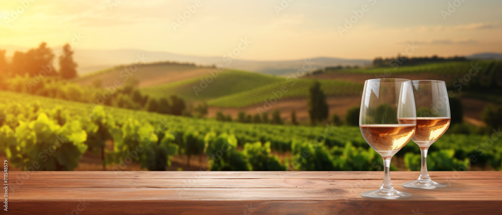 Fototapeta premium Empty wood table top with a glass of pink wine on blurred vineyard landscape background. Agriculture winery and wine tasting concept. Free space to display or mount your products.