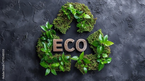 Recycling symbol composed of green leaves and foam with the inscription "ECO" on a dark background.