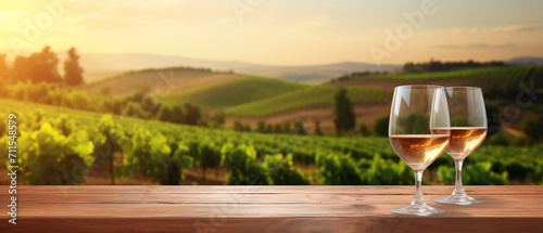 Empty wood table top with a glass of pink wine on blurred vineyard landscape background. Agriculture winery and wine tasting concept. Free space to display or mount your products.